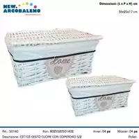 Foto articolo dell\'articolo SET 2 CESTI BIANCHI RETTANGOLARI IN VIMINI FODERATI DECORO HOME CST103 