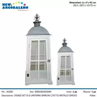 Foto articolo dell\'articolo SET 2 PZ LANTERNA BIANCA IN LEGNO CON TETTO IN METALLO GRIGIO CAS403